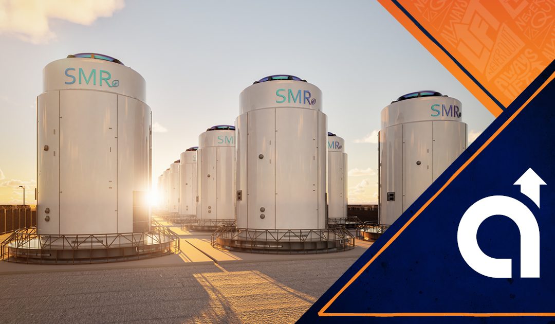 SMR crane systems supporting a row of small modular reactor units at an industrial facility