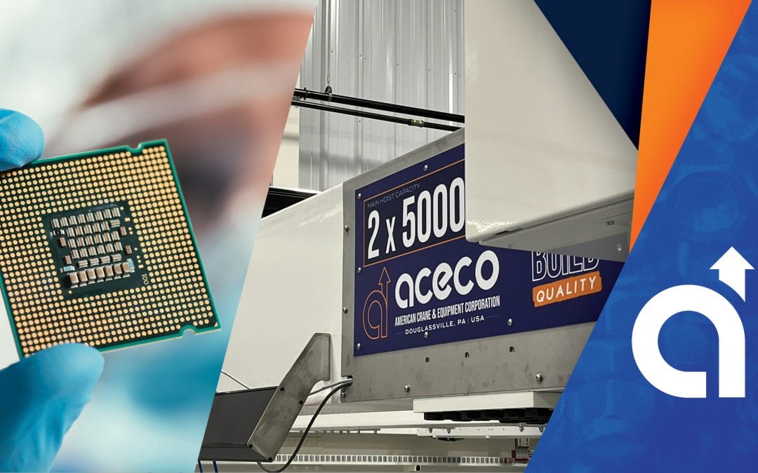 Gloved hand holding a computer processor chip, with a blue and orange graphic background featuring the ACECO logo